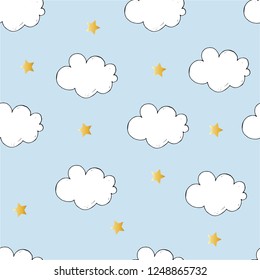 Clouds and stars. Seamless background. Children's theme. Golden elements. Blue background