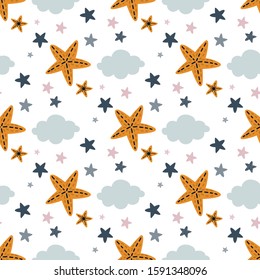 Clouds and stars seamless background, nursery pattern design, vector illustration