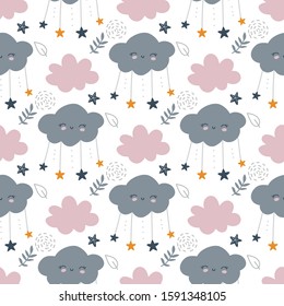 Clouds and stars seamless background, nursery pattern design, vector illustration
