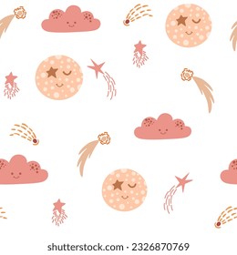 Clouds and stars seamless pattern. Boho vector print for wall decor in children's bedroom. Seamless pattern with cartoon rainbow, sun, planet. Vector Cartoon Bohemian background. 