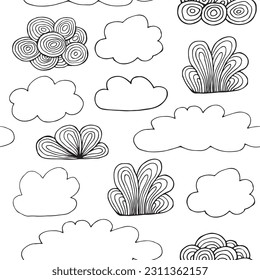 las estrellas de nubes se suceden en un patrón ininterrumpido. Patrón transparente de las nubes, fondo de dibujos animados con puntos estrella, ilustración vectorial