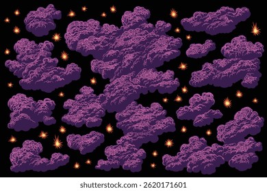 Nuages et étoiles dans le ciel. Jeu de créations. Illustration dessinée à la main modifiable. Image vectorielle gravure vintage. Isolé sur fond noir. 8 EPS