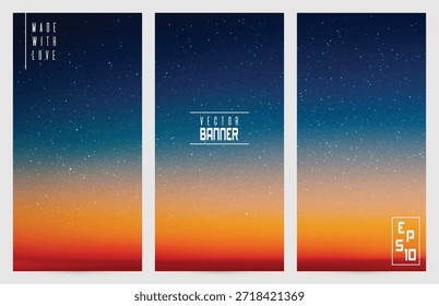 Nuvens e estrelas no espaço. Conjunto de banners vetoriais abstratos crepuscular brilhante