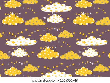 Clouds and stars vector pattern illustration in gold, white and gray colors palette on a light purple background