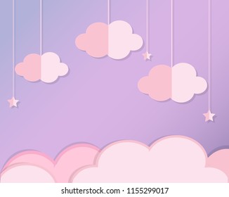 Nubes y estrellas en cielo violeta. Fondo en papel cortado, estilo artesanal de papel. Plantilla para el bebé, los niños y el diseño de la guardería, invitaciones, Anuncios
