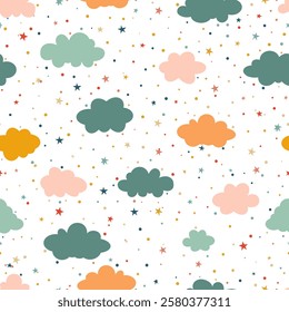 Clouds, stars, white background, sky, dream, seamless pattern, children's background