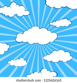 Clouds stylized flat set . Blue background with sectors from center to edges.  Fluffy clouds vector silhouettes.