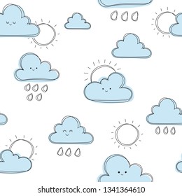 Clouds with sun background, cute seamless pattern, cartoon vector illustration,  background for kids, wallpapper, pattern for scrapbooking