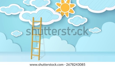 Clouds and sun in blue sky with ladder. Vector cartoon illustration of wooden stairs and sunny cloudscape, concept of reaching business success, career opportunity, determination to achieve goal