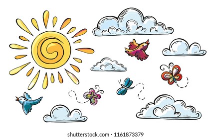clouds with the sun and butterflies