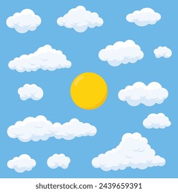Clouds and sun cartoon on blue sky, vector illustration