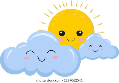 clouds and sun cartoon on white background, vector