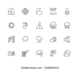 Clouds and sun, Celsius, Blizzard, Lightning, twilight, Hurricane, blanket of fog, Drizzle, atmospheric pressure, thaw, convergence outline vector icons from 20 set