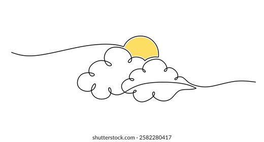 Clouds with sun in continuous line drawing. Minimalist depiction of a bright and peaceful sky, symbolizing hope and good weather. Vector illustration hand drawn.