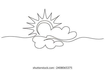 Nubes con un símbolo de línea continuo de sol dibujando sobre fondo blanco. Ilustración vectorial de la temperatura caliente y del símbolo de viaje de verano en estilo doodle. Signo de línea de contorno de sol de verano 