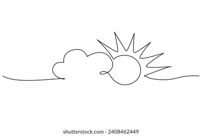 Clouds with sun continuous one line icon drawing on white background. Hot temperature and summer travel symbol vector illustration in doodle style. Summer sun contour line sign 