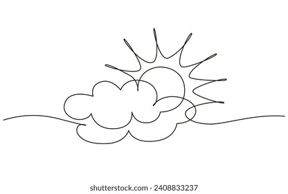 Clouds with sun continuous one line icon drawing on white background. Hot temperature and summer travel symbol vector illustration in doodle style. Summer sun contour line sign 