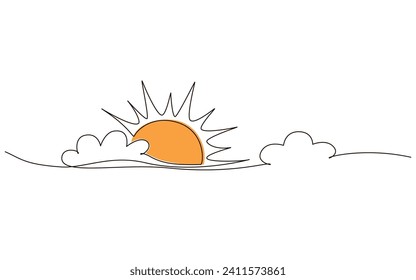 Clouds with sun continuous one line icon drawing on white background. Hot temperature and summer travel symbol vector illustration in doodle style. Summer sun contour line sign 