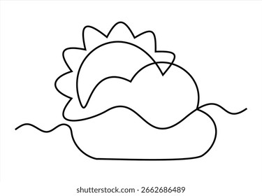 Nubes con el icono continuo de una línea del sol que dibuja en el fondo blanco. Temperatura caliente y Ilustración vectorial de símbolo de viaje de verano en estilo doodle. Signo de línea de contorno de sol de verano 
