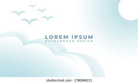 Clouds, Sun And Flock Of Flying Birds. Sky Vector Illustration. Nature Background Design. Blue Gray White Gradation Color Theme
