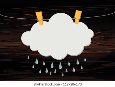 Clouds and sun hang on a rope with clothespins. Vector on wooden background . Free space for text or advertising.