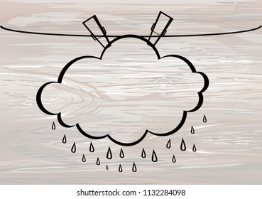 Clouds and sun hang on a rope with clothespins. Vector on wooden background . Free space for text or advertising. Contour linocut