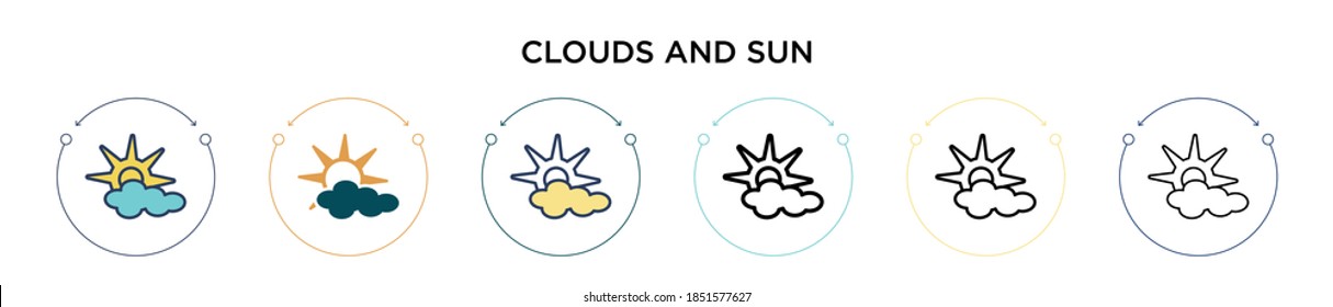 Icono de nubes y solares en estilo relleno, delgado, contorno y trazo. Ilustración vectorial de dos nubes de color y negro e iconos vectores de sol se pueden utilizar para móviles, ui, web