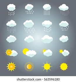 Clouds and sun icons set. Cloud, sun, cloud rain Icons on grey background Vector illustration Collection of Cloud, rain, sun symbols template For Weather forecast interface design Season banner