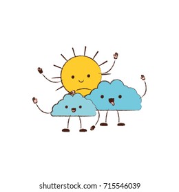 clouds with sun kawaii caricature in blurred color silhouette vector illustration