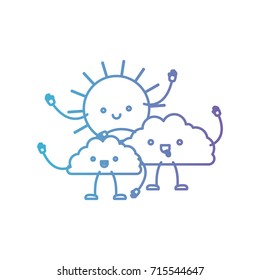 clouds with sun kawaii caricature in color gradient silhouette from purple to blue vector illustration