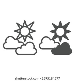 Clouds and sun with light rays line and solid icon, climate change concept. Vector graphics. Sunny weather sign on white background, outline style icon for mobile or web design