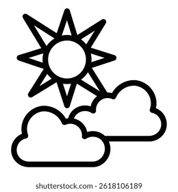 Clouds and sun with light rays line icon, climate change concept. Vector graphics. Sunny weather sign on white background, style mobile or design
