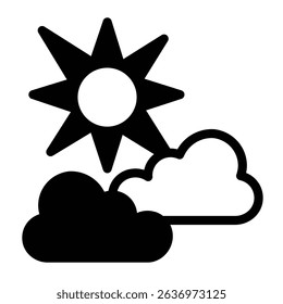 Clouds and sun with light rays solid icon, climate change concept. Vector graphics. Sunny weather sign on white background, style mobile or design