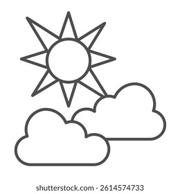 Clouds and sun with light rays thin line icon, climate change concept. Vector graphics. Sunny weather sign on white background, linear style icon for mobile or web design
