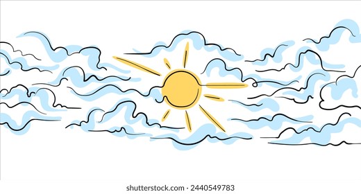 Clouds and sun line art drawing.   
Blue sky with yellow sun outline isolated on white background. Vector illustration