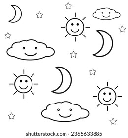 Wolken, Sonne, Mond und Sterne, Doodle-Hintergrund.