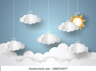 Clouds and Sun on Blue sky.Origami mobile. Vector illustration.Paper and craft art