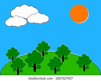 clouds with sun on green tree and blue sky vector