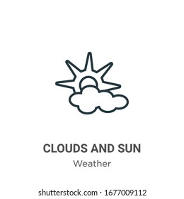 Clouds and sun outline vector icon. Thin line black clouds and sun icon, flat vector simple element illustration from editable weather concept isolated stroke on white background
