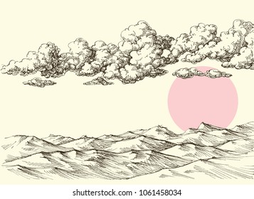 Clouds and sun over desert sand dunes. Desert landscape drawing