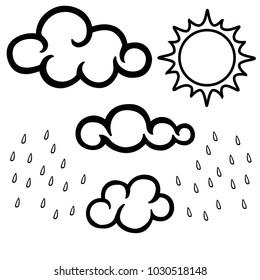 Clouds, sun and rain. Weather. Black and white linear set. Outline. 
Vector illustration. 
hand drawing