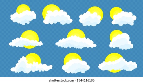 Clouds and sun set isolated on a blue transparent background. Simple cute cartoon design. Icon or logo collection. Realistic elements. Flat style. Vector illustration