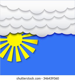 Clouds and sun with shadow on blue sky background, stylized applique cutout paper vector weather backdrop for meteo websites