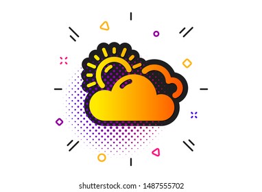 Clouds with sun sign. Halftone circles pattern. Sunny weather forecast icon. Cloudy sky symbol. Classic flat sunny weather icon. Vector