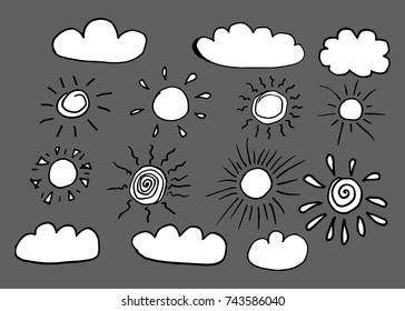 Clouds and sun vector set. Isolated on grey background