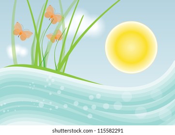 clouds with the sun waves and island with butterflies