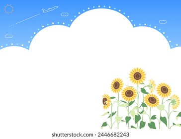 Clouds and sunflowers frame in blue sky, pop background with summer image