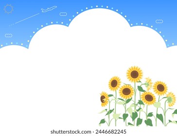 Clouds and sunflowers frame in blue sky, pop background with summer image