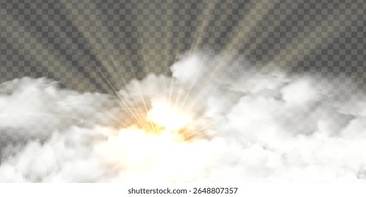 Clouds with sunny rays, sunny cloudy sky. Vector glow light effect with cloud, smoke, fog. Sunlight cloud texture transparent background