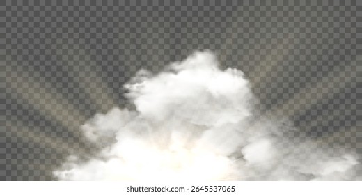 Clouds with sunny rays, realistic sunny cloudy sky. Vector glow light effect with cloud, smoke, fog. Sunlight cloud texture transparent background